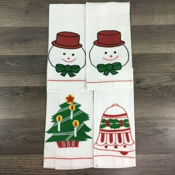 4 Christmas Kitchen Towels Snowman Tree Bells Ramie Cotton - Picture 1 of 4